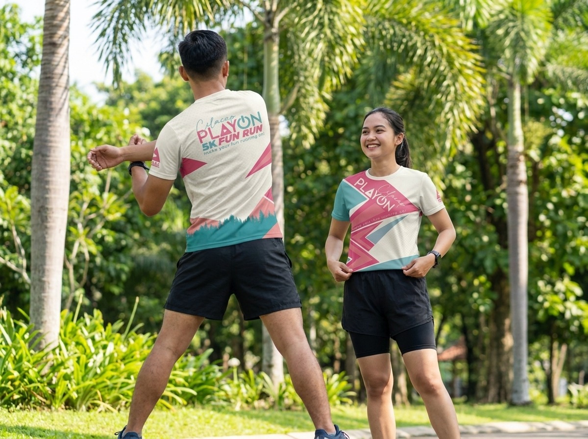 Two runners stretching before the Cilacap PLAYON fun run