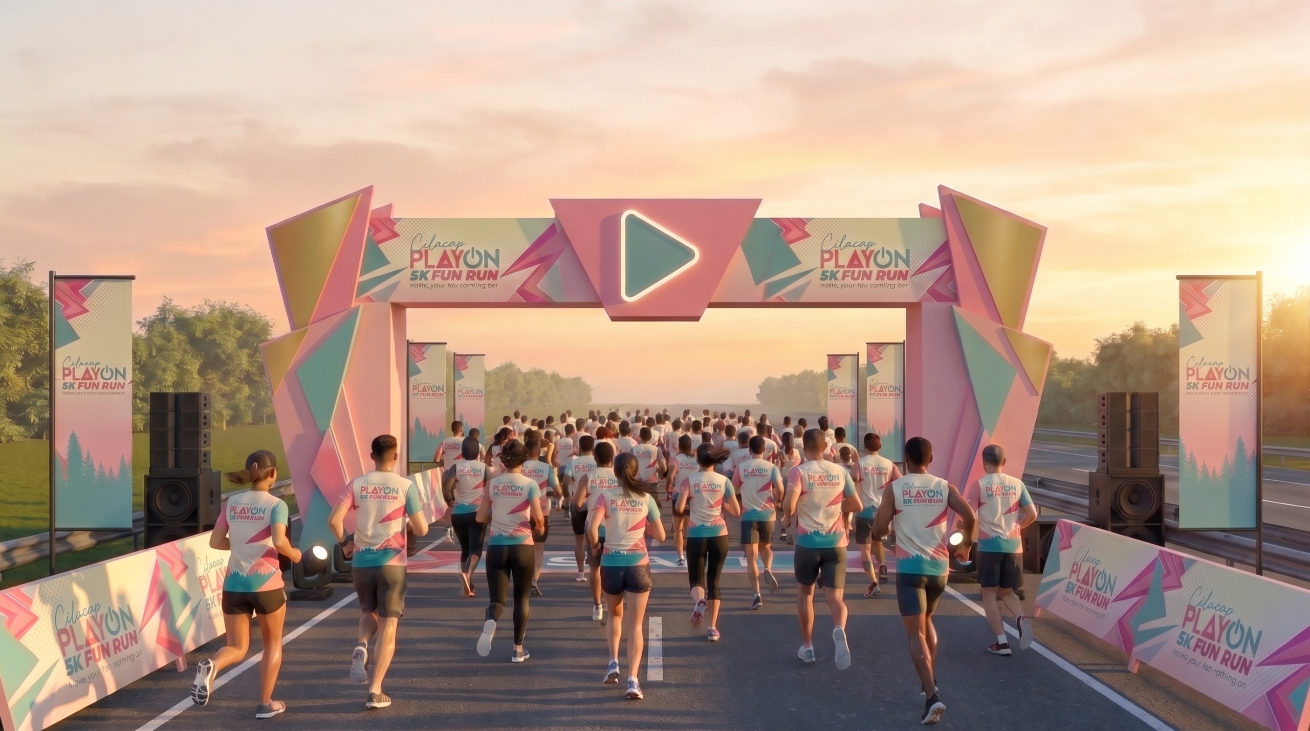 Runners at the Cilacap PLAYON start gate at sunrise